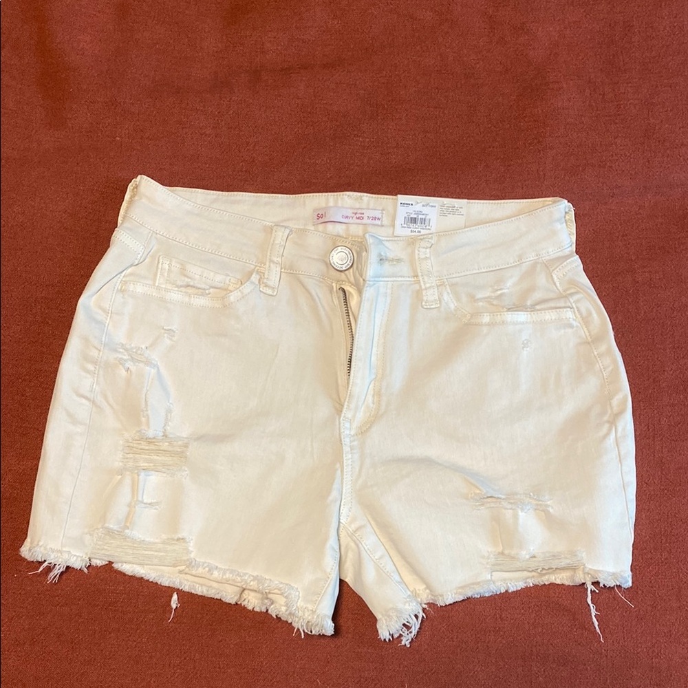 Women's Cream Distressed Denim Shorts